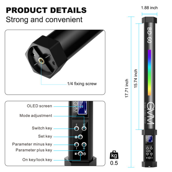 GVM RGB Handheld LED Video Light Wand Stick Photography Light, Built-in Rechargable Battery,OLED Display Photography Studio Lighting - 图片 8
