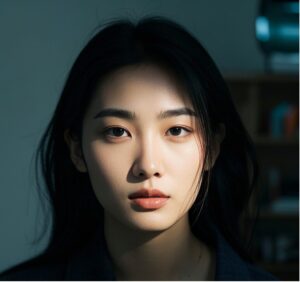 This studio portrait suffers from underexposure, resulting in harsh shadows that obscure the model's features. This highlights the importance of proper lighting techniques in a studio setting. Using a fill light or adjusting light intensity could have prevented this issue.